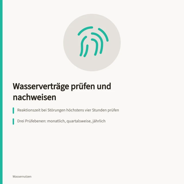 Karte zur Prüfung von Wasserverträgen mit Kontrollpunkten und Nachweisen. Wie steuere ich beauftragte Wasserdienstleister mit Kontrollterminen nachweisbar?