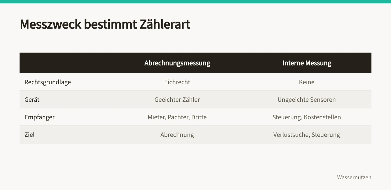 Vergleichstabelle: Abrechnungsmessung eichpflichtig, interne Messung mit ungeeichten Sensoren ('Checkliste: Messstellen für Wasserverbrauch richtig planen')