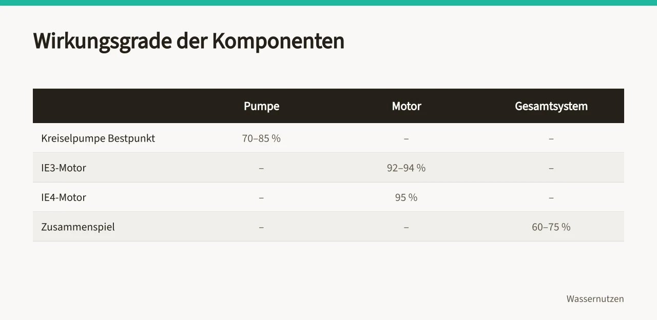 Tabelle mit Wirkungsgraden von Pumpe, Motor und Gesamtsystem ('Energieeffizienz von Industriepumpen: Was kostet der Betrieb?')