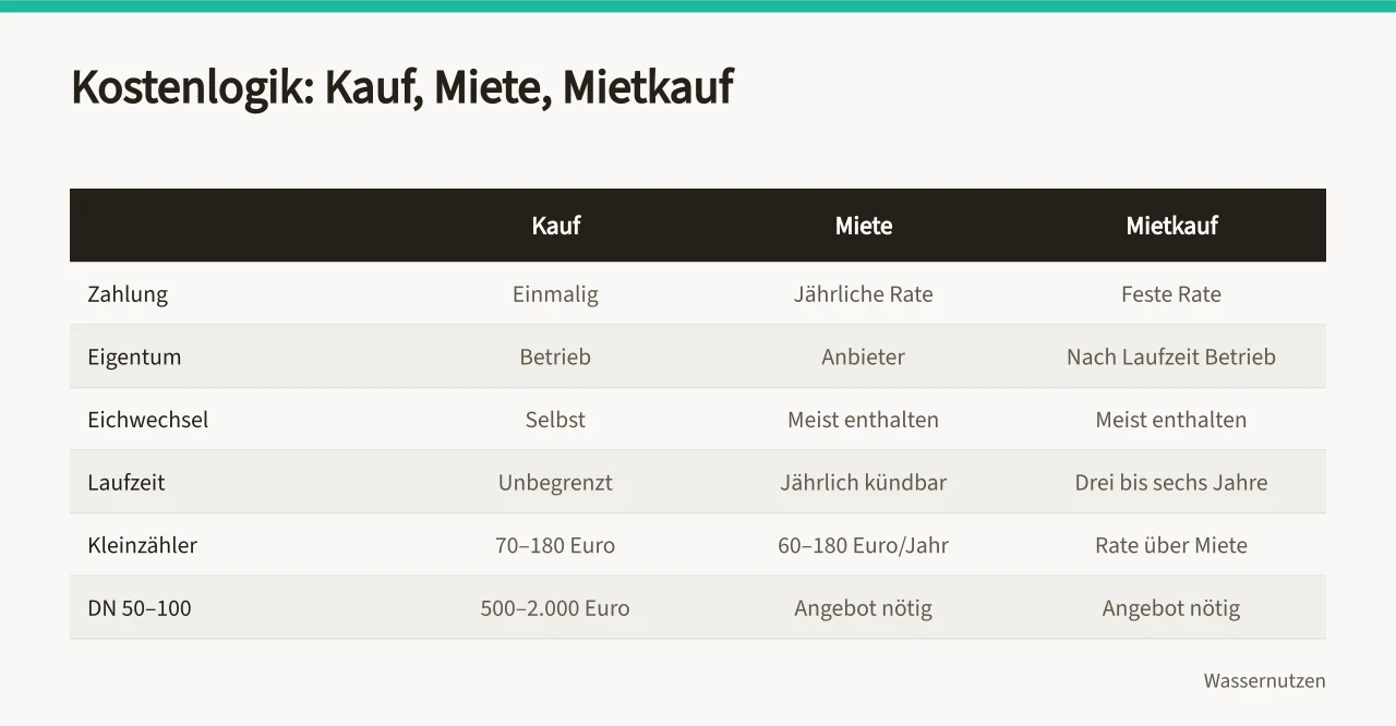 Vergleichstabelle Kauf, Miete und Mietkauf mit Kosten und Pflichten ('Wasserzähler für Betriebe: Mietkauf oder Kauf im Vergleich')