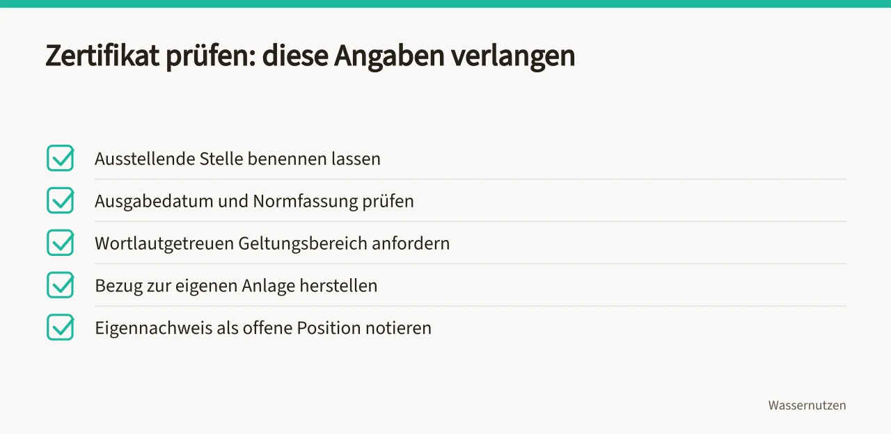 Checkliste mit fünf Angaben, die ein Zertifikat enthalten muss (Worauf prüfe ich Anbieter für Wasseraufbereitung vor der Vergabe?)