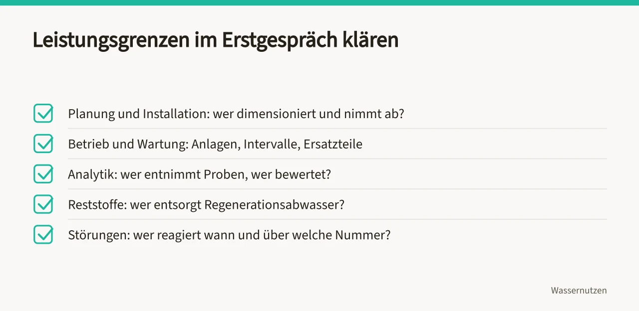 Checkliste mit fünf Punkten zur Abgrenzung des Leistungsumfangs (Worauf prüfe ich Anbieter für Wasseraufbereitung vor der Vergabe?)